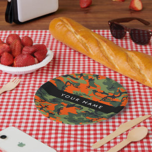 Oranje camouflagepatroon, jouw naam, personaliseer papieren bordje