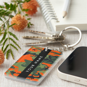Oranje camouflagepatroon, jouw naam, personaliseer sleutelhanger