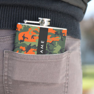 Oranje camouflagepatroon, uw naam, personaliseer heupfles