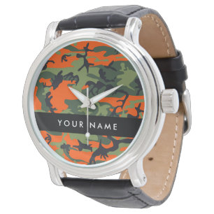 Oranje camouflagepatroon, uw naam, personaliseer horloge