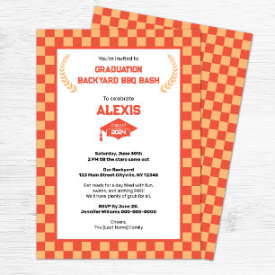 Oranje Checkerboard Backyard Graduation Party Kaart