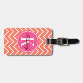 Oranje Chevron met roze monogram Bagagelabel