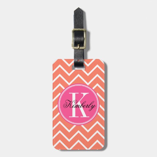 Oranje Chevron met roze monogram Bagagelabel (Voorkant verticaal)