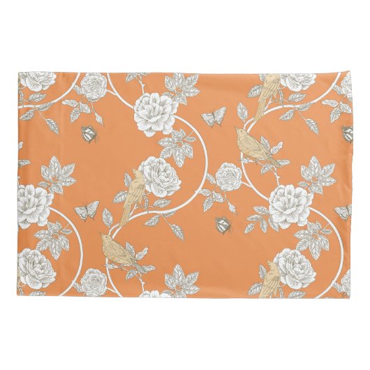 Oranje Chinoiserie Bloemen en Vogels Kussensloop (Achterkant)