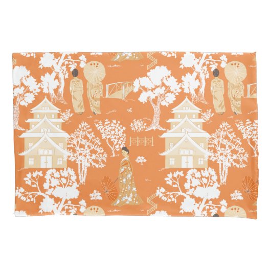 Oranje Chinoiserie Pagodas Kussensloop (Voorkant)