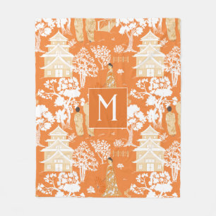 Oranje Chinoiserie Pagodas Monogram Fleece Deken