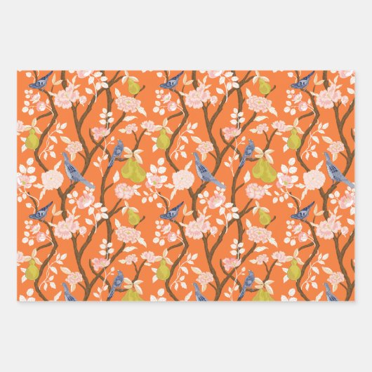 Oranje Chinoiserie Vogels en Pagodes Inpakpapier Vel (Voorkant)