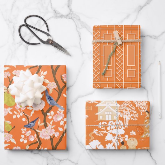 Oranje Chinoiserie Vogels en Pagodes Inpakpapier Vel (Voorkant)