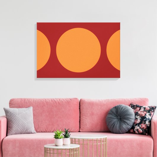 Oranje cirkels op rood canvas afdruk (Insitu (Woonkamer))