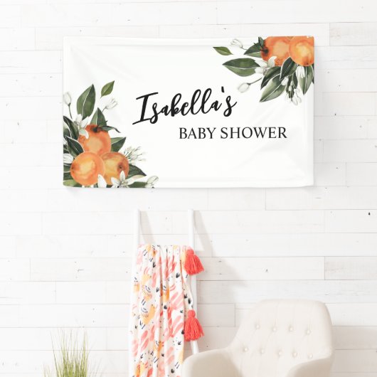 Oranje Citrus Baby shower Backdrop Little Cutie Spandoek (Insitu)