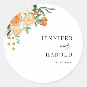 Oranje Citrus Bloemen Minimale Namen Bruiloft Ronde Sticker
