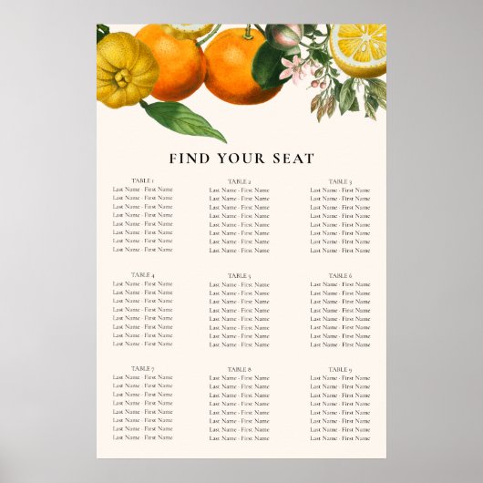  Oranje Citrus Botanical Wedding Seating Seating S Poster (Voorkant)