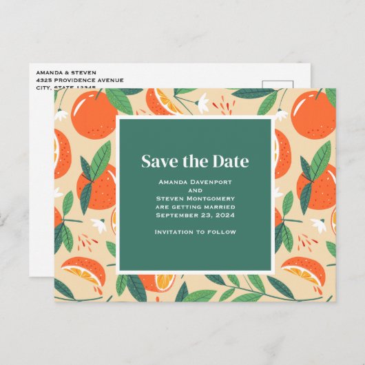 Oranje Citrus Fruit Retro Patroon Sla de datum op Uitnodiging Briefkaart (Voorkant / Achterkant)
