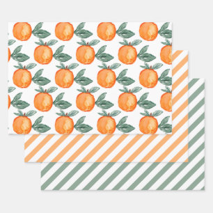 Oranje Citrus Green Waterverf laat strepen Inpakpapier Vel
