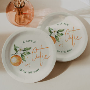 Oranje Citrus Little Cutie on the Way Baby shower Papieren Bordje