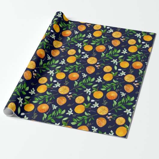 Oranje citrus zomerbloem botanisch patroon cadeaupapier (Uitgerold)