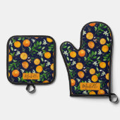 Oranje citrus zomerbloem botanisch patroon ovenwant & pannenlap set (Voorkant)