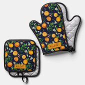 Oranje citrus zomerbloem botanisch patroon ovenwant & pannenlap set (Voorkant / Achterkant)