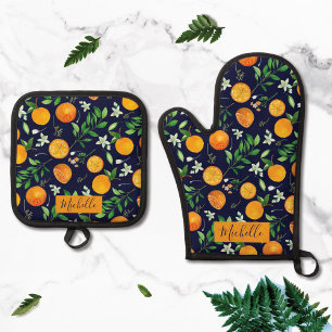 Oranje citrus zomerbloem botanisch patroon ovenwant & pannenlap set