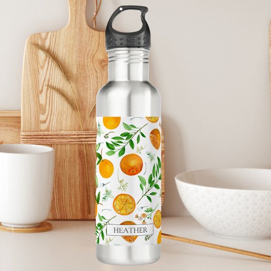 Oranje citrus zomerbloem botanisch patroon waterfles