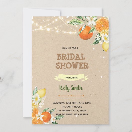 Oranje citrusthema doucheuitnodiging kaart (Voorkant)