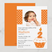 Oranje Cupcake Foto 2e verjaardag Uitnodiging (Voorkant / Achterkant)