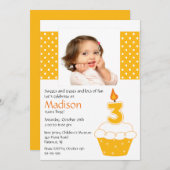 Oranje Cupcake Foto 3rd Birthday Invitation Kaart (Voorkant / Achterkant)