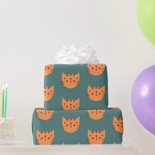 Oranje Cute Cat Green Cadeaupapier (Feestgeschenken)