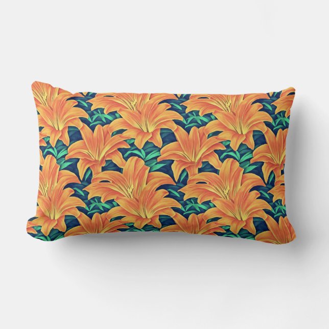Oranje Dag Lelies met Groene Bladeren Kussen (Voorkant)