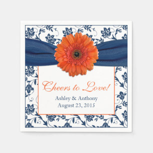 Oranje Daisy Navy Blue Damask Gepersonaliseerde br Servetten