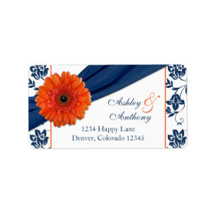 Oranje Daisy Navy Damask Wedding Return Address Etiket
