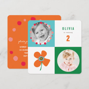 Oranje Daisy Pop Square Girl Birthday Foto uitnodi Kaart