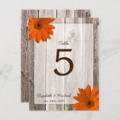 Oranje Daisy Rustic Barn Wood Trouwtafel Nummer Briefkaart (Voorkant / Achterkant)