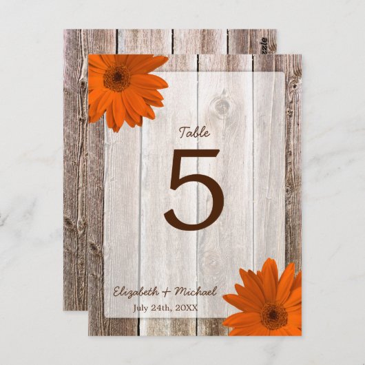 Oranje Daisy Rustic Barn Wood Trouwtafel Nummer Briefkaart (Voorkant / Achterkant)