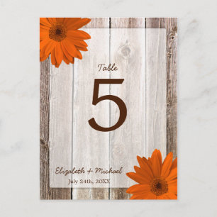 Oranje Daisy Rustic Barn Wood Trouwtafel Nummer Briefkaart