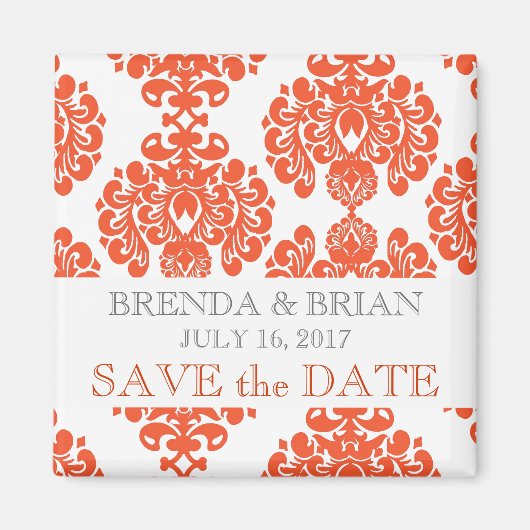Oranje Damask Bruiloft Save the Date Magneet (Voorkant)