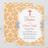 Oranje Damask Cross Baptisme Uitnodiging (Voorkant / Achterkant)