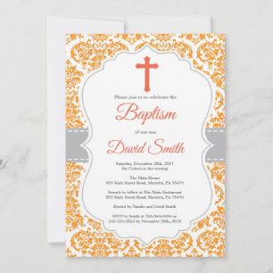 Oranje Damask Cross Baptisme Uitnodiging