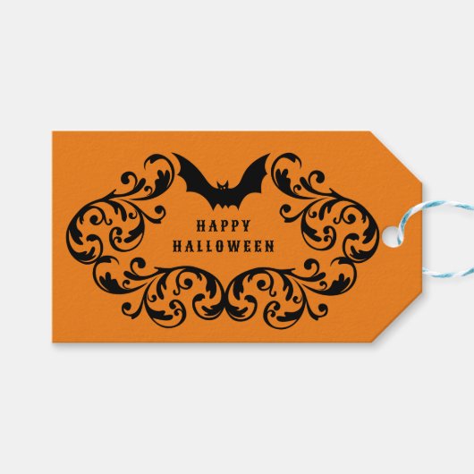 Oranje Damask Glam Bats en Spider Happy Halloween Cadeaulabel (Voorkant (Horizontaal))