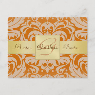 Oranje Damask Gold Monogram Save the Date Briefkaa Aankondigingskaart