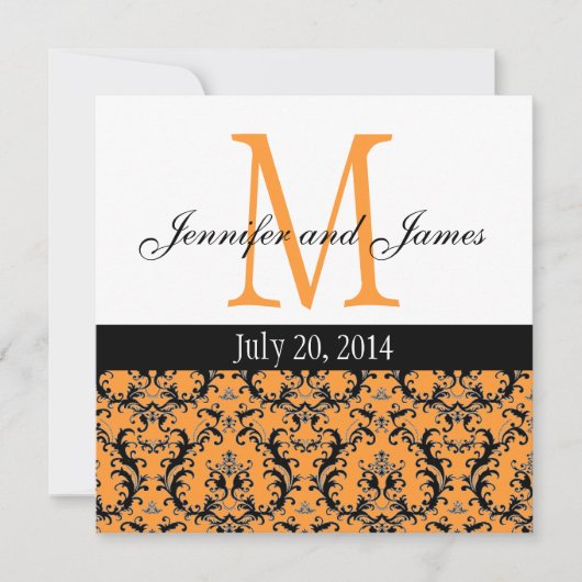 Oranje Damask Monogram Weddenschap 3 Kaart (Voorkant)