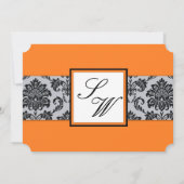 Oranje Damask Monogram Weddenschap Kaart (Achterkant)