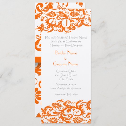 Oranje Damask Monogram Weddenschap Kaart (Voorkant / Achterkant)