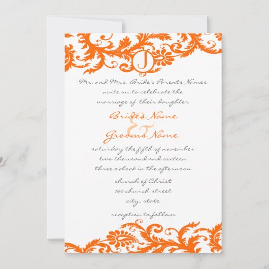 Oranje Damask Monogram Weddenschap Kaart (Voorkant)