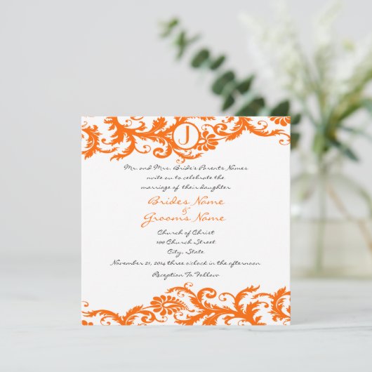 Oranje Damask Monogram Weddenschap Kaart (Staand voorkant)