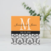 Oranje Damask Monogram Weddenschap Kaart (Staand voorkant)
