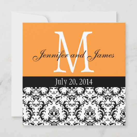 Oranje Damask Monogram Weddenschap Kaart (Voorkant)