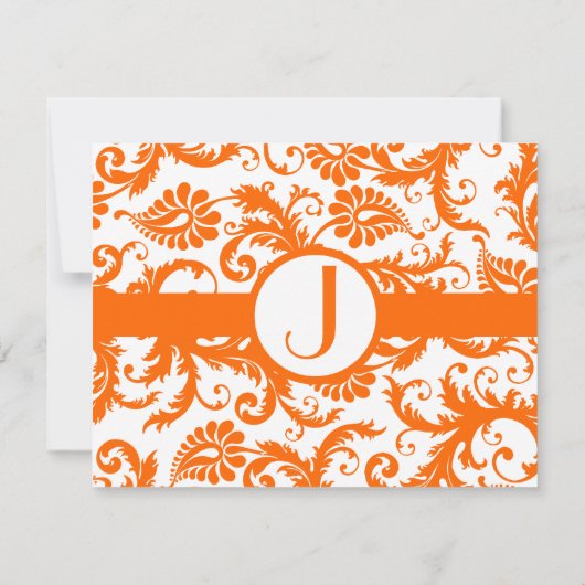 Oranje Damask Monogram Weddenschap Kaart (Achterkant)