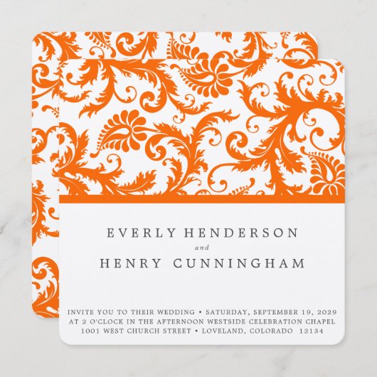 Oranje Damask Monogram Wedding Kaart (Voorkant / Achterkant)