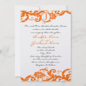 Oranje Damast Monogram Huwelijksuitnodiging Kaart (Voorkant)